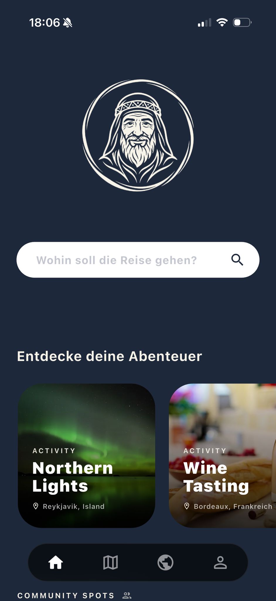 Nomad App Startbildschirm mit Reise-Suche und Aktivitäten