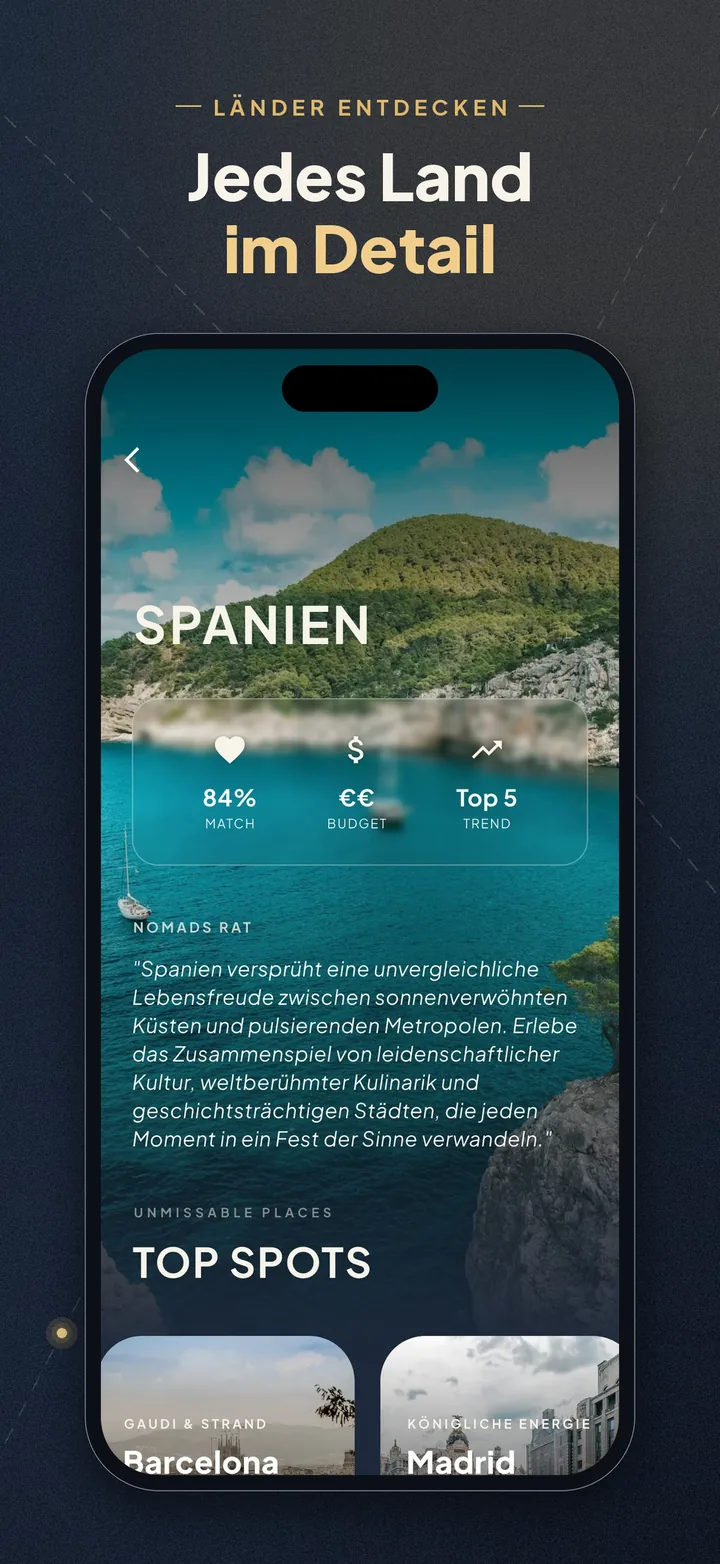 Länderseite mit Match, Budget und Top-Spots